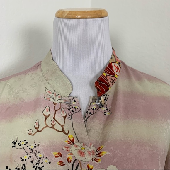 Citron 100% Silk Button Up Asian Inspired Tunic Blouse Women’s M Floral Mandarin - Picture 12 of 17